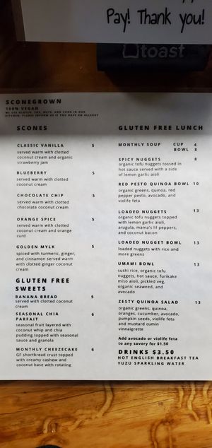 Current menu as of April 2022 at SconeGrown in Bellingham