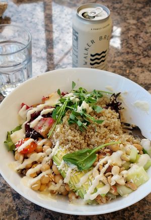 buddha bowl and tennessee made kombucha at Real Roots Cafe in Chattanooga
