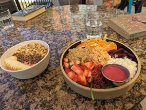 Strawberry-chocolate smoothie bowl & beet salad  at Real Roots Cafe in Chattanooga