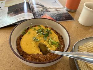 Red Lentil Chili with added cheeze  at Real Roots Cafe in Chattanooga