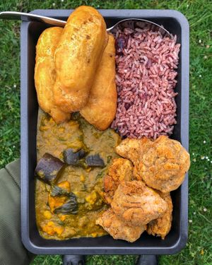 Box meal. Curry, jackfruit nuggets, plantain dumplings, and rice & peas at Caribbean Kitchen in Stourbridge