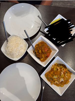 Top dish was meat … the others were mushroom bhaji and a cashew badami   at Sid's Spice in Brora