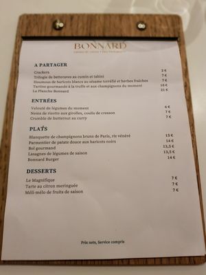 Menu at Bonnard in Paris
