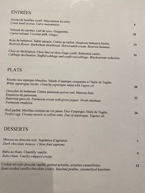 The first item under each heading is vegan, although there were 2 vegan options for entrees (the lentils, and carrot).   at Bonnard in Paris