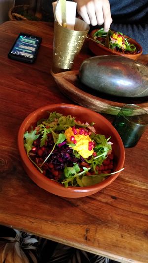 Earth bowl of the day: rice, red cabbage, beans, turmeric hummus, rocket, pomegranate at Dane & Port - Natural Kitchen in Bournemouth