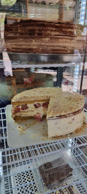 Chocolate orange cake and Strawberry cake (delicious 😋) at Los Navegantes del Magallanes in Puerto Natales