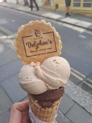 Vegan hazelnut and dark chocolate at Delphini's Gelato in Totnes