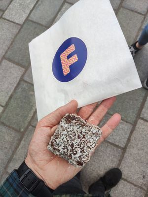 Lamington cake. Really great Australian sponge cake with chocolate and coconut. at Frankie Coffee in Glasgow