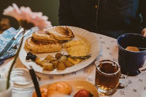 Blueberry pancakes, scrambled eggs and potatoes at Garden Grove Inn in Union Pier
