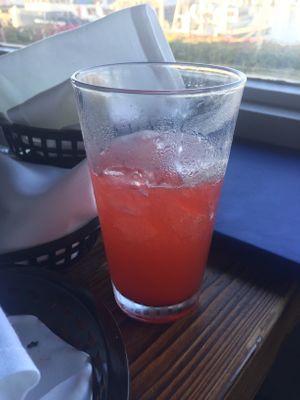 Lemonade with a scoop of strawberry purée. You can add strawberry or mango purée to soft drinks. All vegan. at The Greek in Ventura