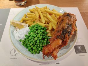 Fsh and chips (banana blossom) - very tasty at Erpingham House in Edinburgh