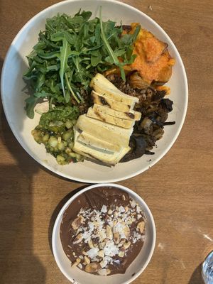 Mother Earth bowl with tofu and chocolate pudding   at Flower Child in Denver