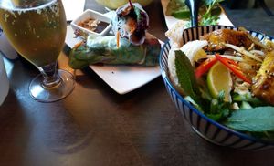 30 Mỳ Quảng Chay (yellow noodles) and 38 Gỏi Cuốn Nấm Xào (summer rolls) at Pho C&P in Aarhus