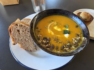 Soup and bread! Huge portion that I couldn't finish! at Tarmachan in Ballater