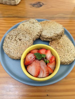 Banana pancakes - the Nutella is hidden beneath the strawberries :-) at iVegan Supershop Da Nang - Healthy Plant Based Cafe in Da Nang