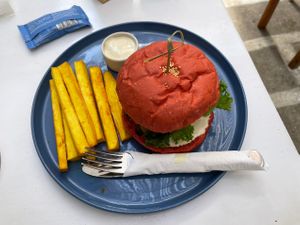 Vegan meat burger with plantain fries  at iVegan Supershop Da Nang - Healthy Plant Based Cafe in Da Nang