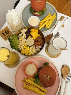 Vegan meat burger, Caesar salad, Lemon juice, Passion fruit juice   at iVegan Supershop Da Nang - Healthy Plant Based Cafe in Da Nang