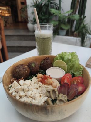 Iced Matcha Latte & Falafel Bowl at iVegan Supershop Da Nang - Healthy Plant Based Cafe in Da Nang