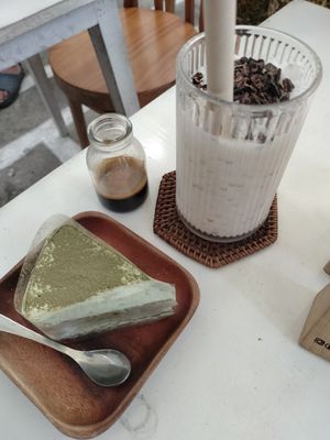 Matcha cake & Coconut coffee at iVegan Supershop Da Nang - Healthy Plant Based Cafe in Da Nang