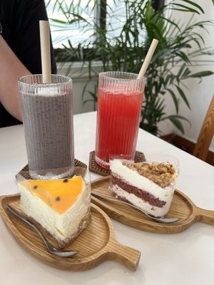 Blueberry muffin smoothie, watermelon juice, passion cheesecake, red velvet cakee  at iVegan Supershop Da Nang - Healthy Plant Based Cafe in Da Nang