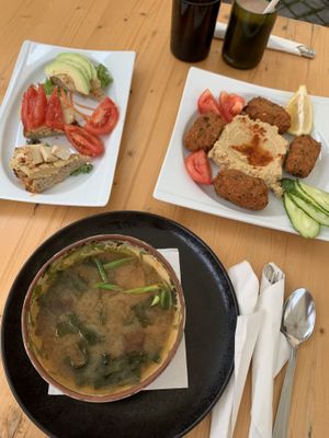 Bruschette vegane, miso soup and falafel with hummus   at Local in Sibiu