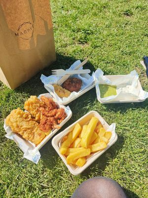 Vegan fish & Cajun prawns, chips, battered sausage and friend chicken and tray of mushy peas n tartar sauce at Saving Nemo in Darlington