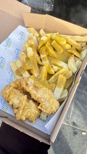 Delicious battered sausages, chips and curry sauce 😍 #Veganuary at Saving Nemo in Darlington