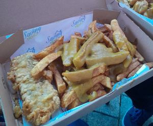 Tofish, chips & curry sauce at Saving Nemo in Darlington