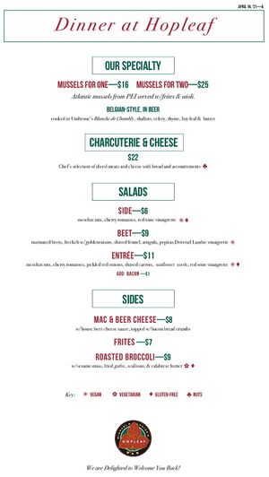 dinner menu at Hopleaf in Chicago
