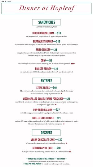 dinner menu at Hopleaf in Chicago