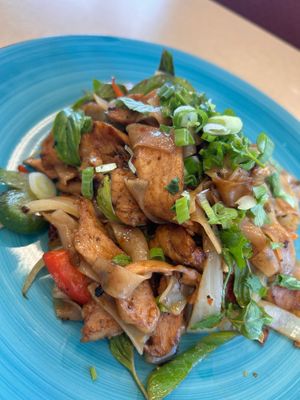 Drunken Noodles with Seitan as protein. Seitan is made in house.  at Thai Silk in Orlando