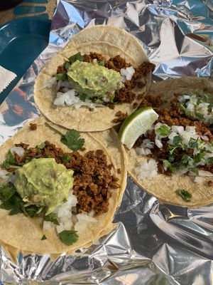 Vegan chorizo street tacos with guacamole   at NachoRita in Lombard