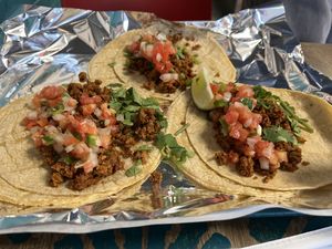 Vegan chorizo street tacos with pico de gallo  at NachoRita in Lombard