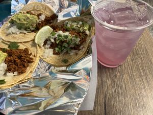 Lilac margarita and vegan street tacos  at NachoRita in Lombard