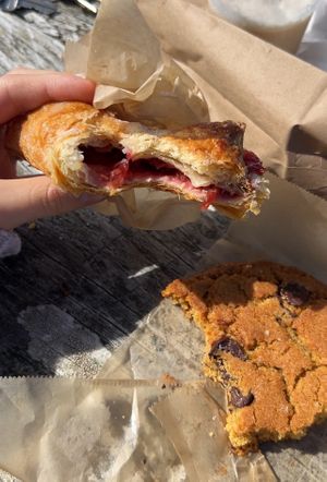 cherry turnover and chocolate chip cookie, yum!!  at Pacific Sourdough in Waldport