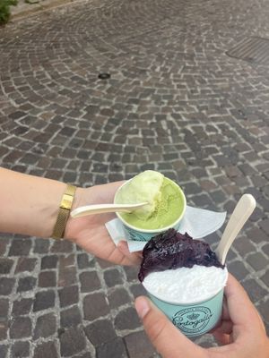 Left - lemon and basil (vg) and matcha (NOT VG). Right - blackberry and coconut (both vg)  at Portogallo in Padua