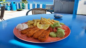 Vegan fish and chips!! (Vivera) at Kantina Antonis Rena in Kos