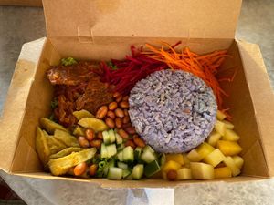 Sambal Tempeh Pokebowl RM 30

Butterfly-pea rice sided with tempeh sambal petai, satay mushroom, mango cubes, green sprouts, carrots, beetroots, toasted peanuts and traditional Nyo at Savor of Life in Kuala Lumpur
