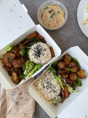 1. Sesame Glazed Chick'n
Korean-style sesame glazed crunchy  mushroom served with brown rice, sided with garlic miso roasted Carrots and broccoli. 

2. Salted Egg Yuba
 at Savor of Life in Kuala Lumpur