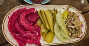 Pickled vegetables (cabbage, gherkins, peppers, and some sort of flower) at Kartuli in South East London