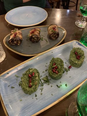 Spinach pkhali and aubergine walnut rolls  at Kartuli in South East London