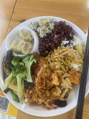 All kind of rice available, Asian dimsim, vegetables, salad, fruits, beans, sweets, drinks, unlimited   at Sù yǐ Xiāng SùShí 素颐香 in Chongqing