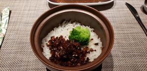 Rice with fried mushroom stuff at Sun Plant - 芊月茗 Qiānyuèmíng in Chongqing