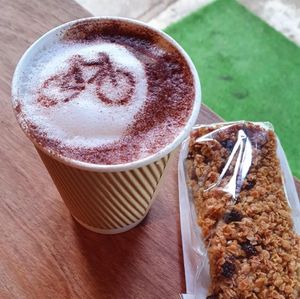 Cappuccino and fruity flapjack! at Kelsall Cycles in Tarporley