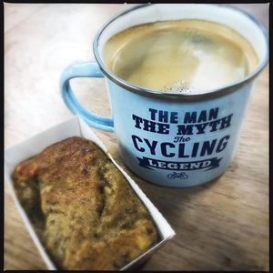 Chocolate chip and walnut banana cake (ft. Owner Chris’ mug) at Kelsall Cycles in Tarporley