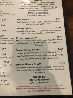 Menu  at The Flying Mayan in Raleigh