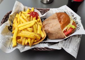 Burger and fries at Burgermeister Altstetten in Zurich