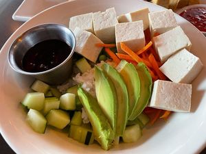 Poke bowl with sushi rice, fresh veggies, tofu and poke sauce   at Pete's in Madeira Beach
