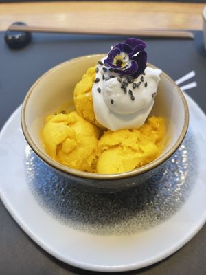 Vegan mango sorbet with coconut cream  at Maguro in Zadar