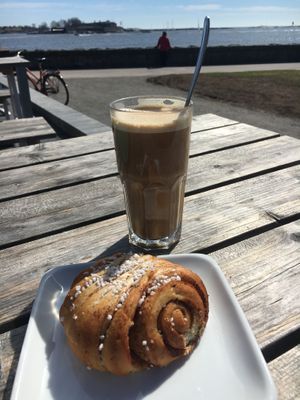 Oat latte & cinnamon bun. at Café Ursula in Helsinki